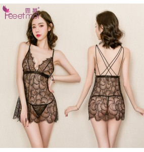 FEE ET MOI Sexy Lace See Through Backless Skater Dress (Black)
